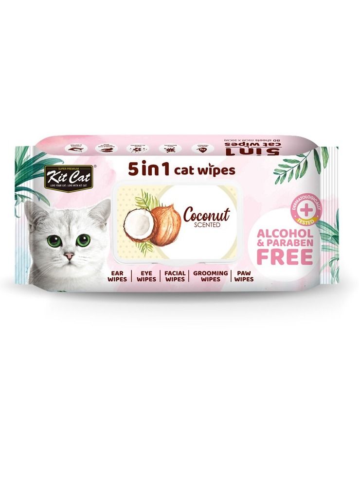 Kit Cat 5-in-1 Coconut Scented Ear Eye Face Grooming Paw Cat Wipes 80sheets 15X20Cm