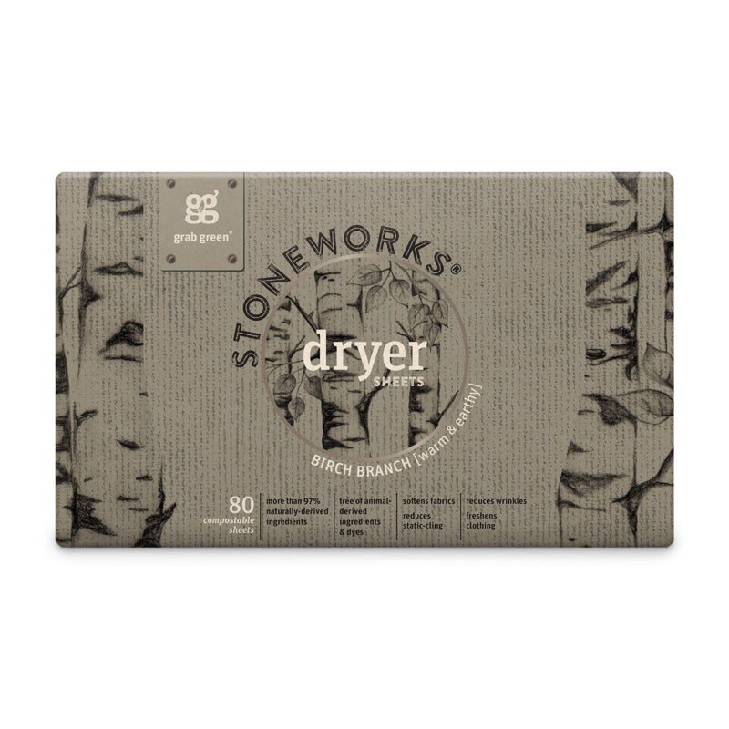 Grab Green Stoneworks Cruelty-Free Dryer Sheets | Softens Fabrics, Freshens Clothing & Reduces Static-Cling and Wrinkles | Plant Based | Birch Branch Scent (80 Sheets) - Image 1