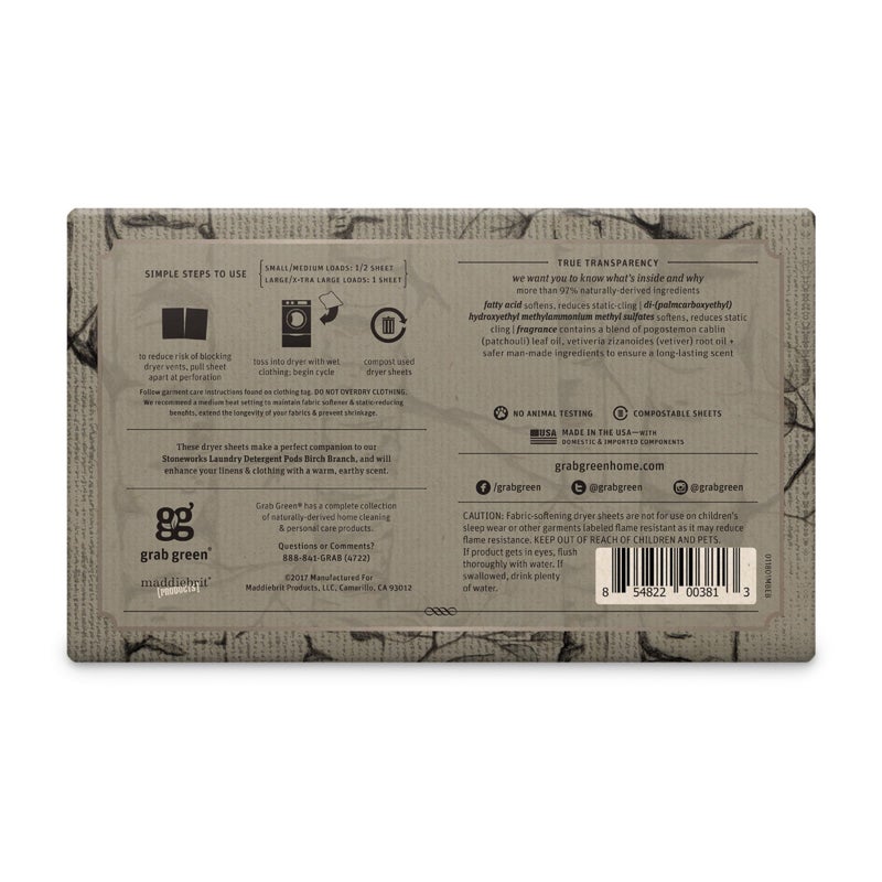 Grab Green Stoneworks Cruelty-Free Dryer Sheets | Softens Fabrics, Freshens Clothing & Reduces Static-Cling and Wrinkles | Plant Based | Birch Branch Scent (80 Sheets) - Image 2