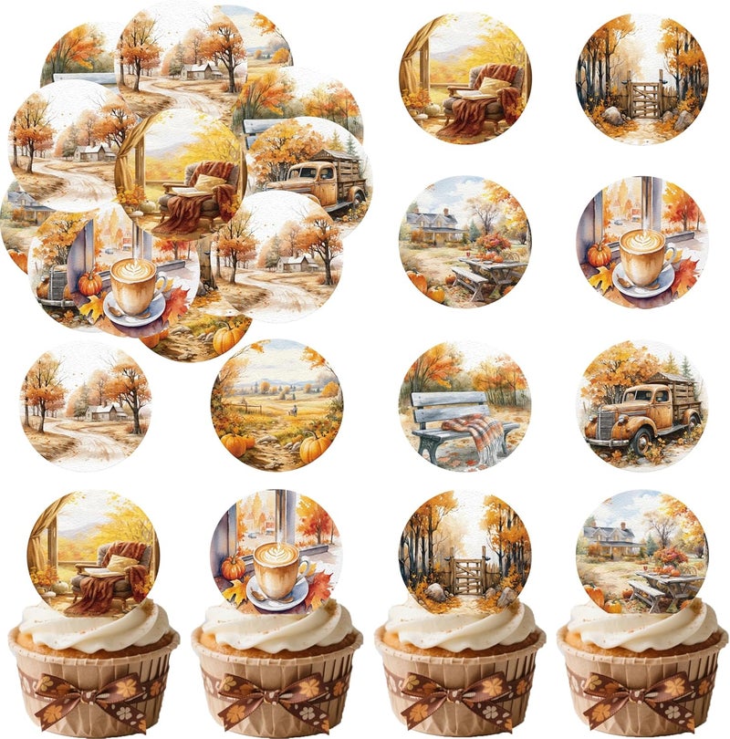 Fyeoxle 36PCS Edible Happy Fall Day Cupcake Toppers Wafer Paper Fall Scene Decorations Edible Autumn Leaves Cupcake Picks for Autumn Party Birthday Decor Supplies - Image 2