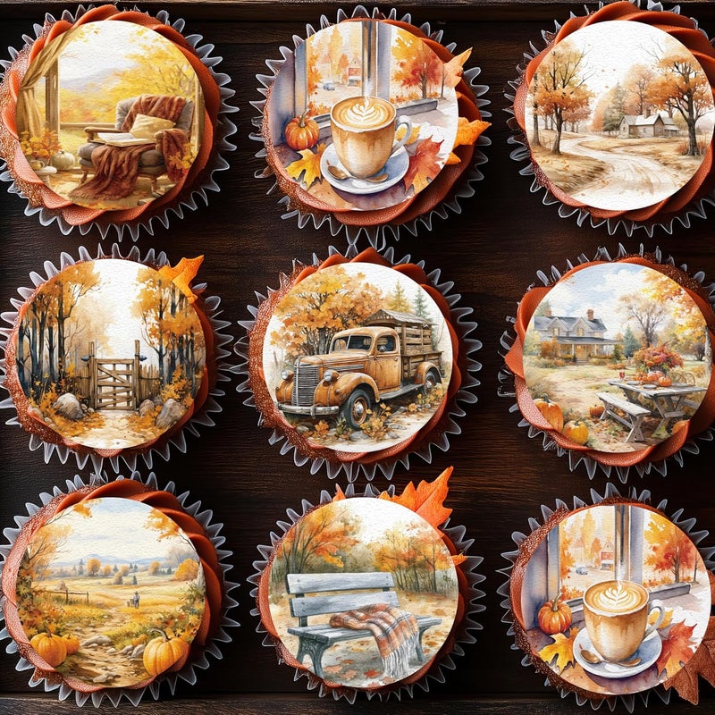 Fyeoxle 36PCS Edible Happy Fall Day Cupcake Toppers Wafer Paper Fall Scene Decorations Edible Autumn Leaves Cupcake Picks for Autumn Party Birthday Decor Supplies - Image 1