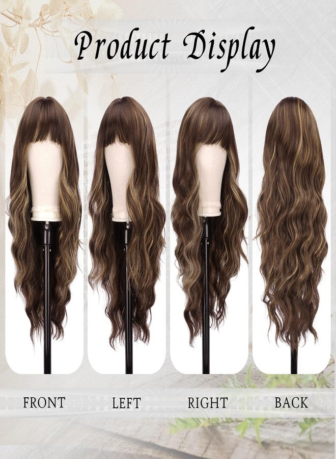 فيشبن شعر مستعار بني أشقر مع غرة للنساء من فيشفين، شعر مستعار صناعي طويل مموج ذو مظهر طبيعي مناسب للارتداء اليومي والحفلات والأزياء التنكرية، بني مختلط أشقر 26 بوصة - Image 2