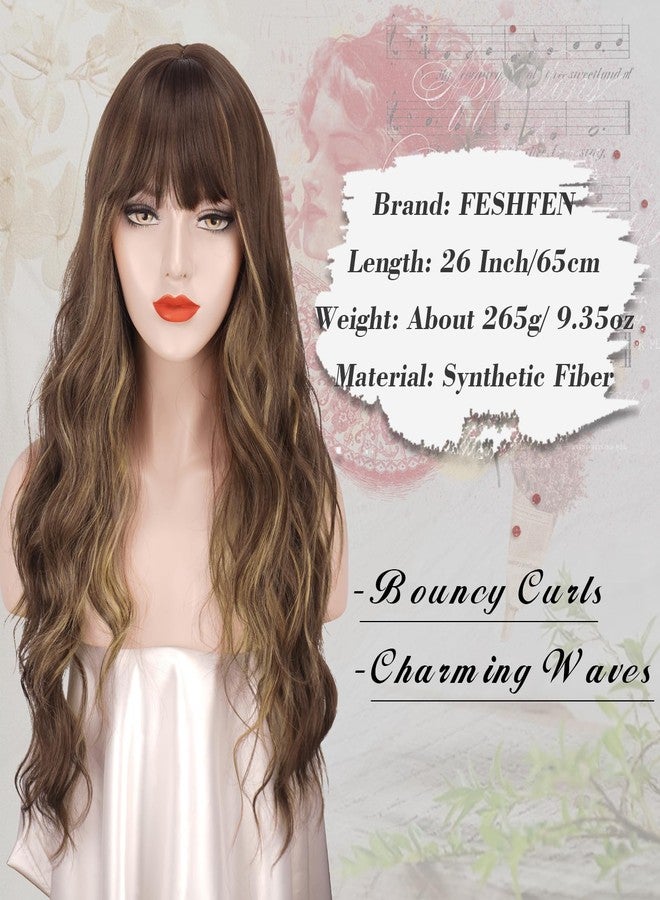 فيشبن شعر مستعار بني أشقر مع غرة للنساء من فيشفين، شعر مستعار صناعي طويل مموج ذو مظهر طبيعي مناسب للارتداء اليومي والحفلات والأزياء التنكرية، بني مختلط أشقر 26 بوصة - Image 3