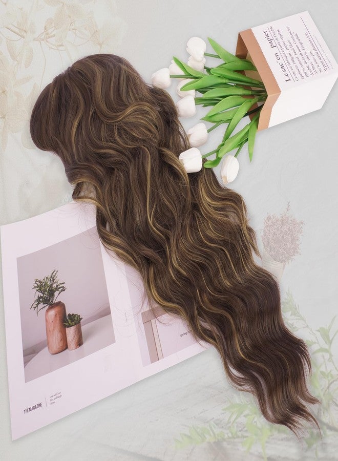 فيشبن شعر مستعار بني أشقر مع غرة للنساء من فيشفين، شعر مستعار صناعي طويل مموج ذو مظهر طبيعي مناسب للارتداء اليومي والحفلات والأزياء التنكرية، بني مختلط أشقر 26 بوصة - Image 4