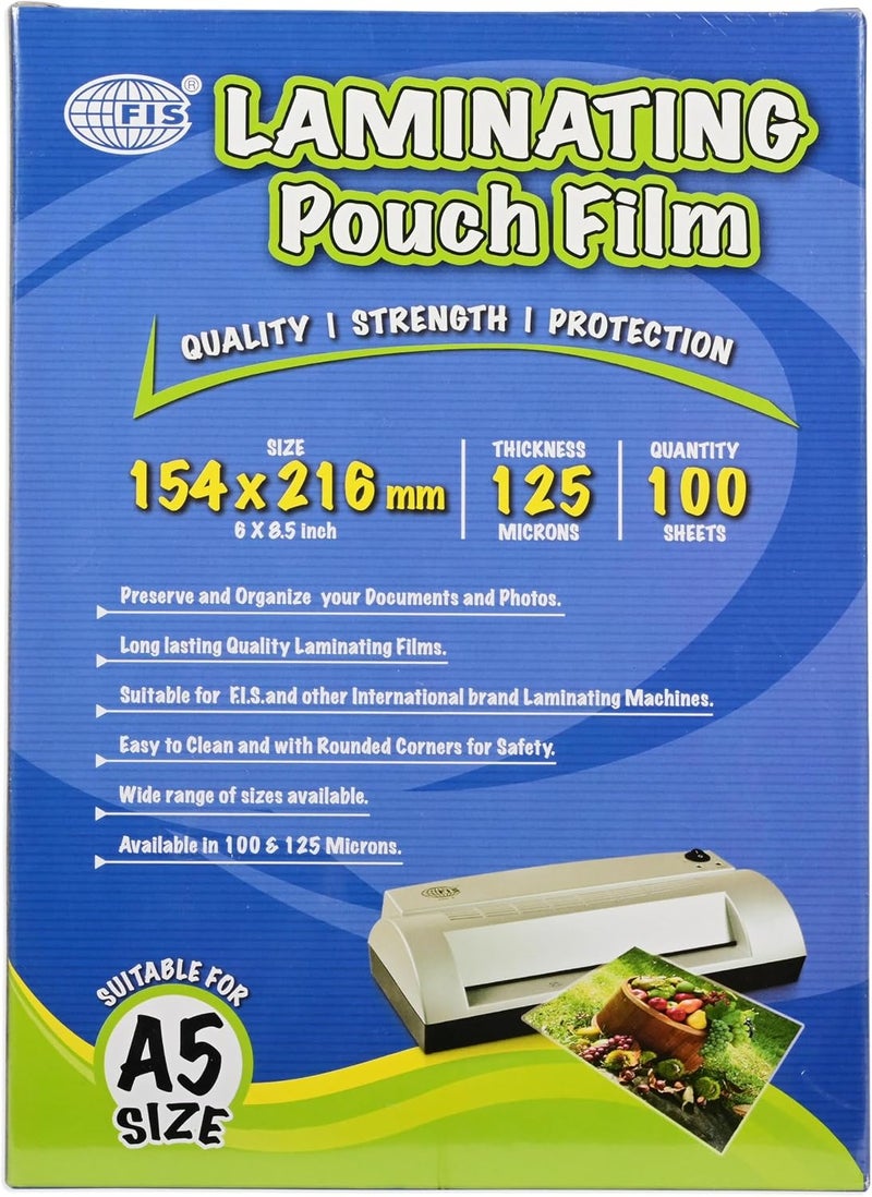 FIS Laminating Pouch Film, 154x216mm, 125 Micron Thickness, 100 Sheets, Rounded Corners, A5 Size - Image 1
