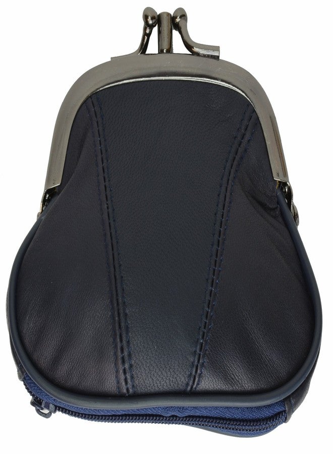 MARSHAL Leather Small Change Purse Double Frame with Zipper Pocket (Navy Blue) - Image 1