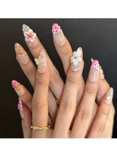 JOSQUEWNN Press On Nails , Fake Nails 10 PCS , Fully Handcrafted Nails With Glue Kit Pink Edge Style With Middle finger pink white flower Almond Tip Exquisite Handcrafted Fake Nails Reusable For Women.  - Image 1
