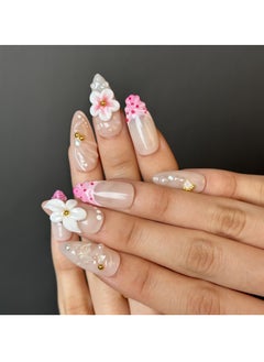 JOSQUEWNN Press On Nails , Fake Nails 10 PCS , Fully Handcrafted Nails With Glue Kit Pink Edge Style With Middle finger pink white flower Almond Tip Exquisite Handcrafted Fake Nails Reusable For Women.  - Image 2
