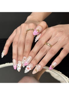 JOSQUEWNN Press On Nails , Fake Nails 10 PCS , Fully Handcrafted Nails With Glue Kit Pink Edge Style With Middle finger pink white flower Almond Tip Exquisite Handcrafted Fake Nails Reusable For Women.  - Image 3
