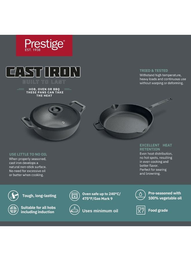 Prestige Pre-Seasoned Cast Iron Cookware Set - 24Cm Kadai W/L & 26Cm Frypan | Set Combo Offer for Kitchen | Iron Utensils for Cooking | Induction Cookware Set, Black, PR49083 - Image 3