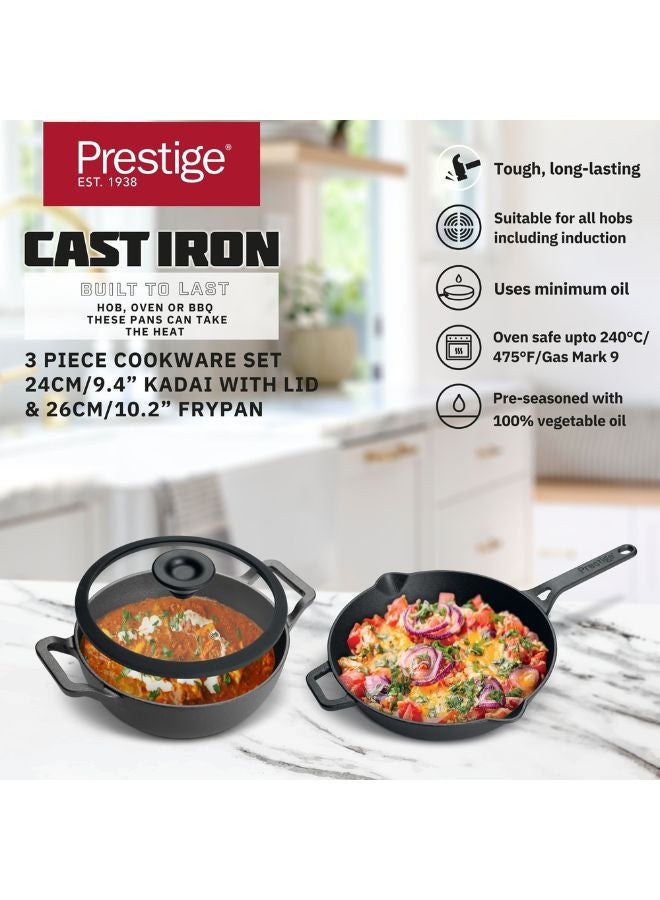 Prestige Pre-Seasoned Cast Iron Cookware Set - 24Cm Kadai W/L & 26Cm Frypan | Set Combo Offer for Kitchen | Iron Utensils for Cooking | Induction Cookware Set, Black, PR49083 - Image 4