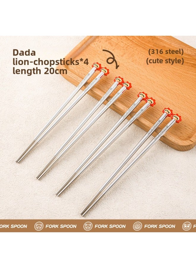 Children's Creative Fork Spoon 304 Stainless Steel Short Handle Cartoon Tableware Household Baby Dining Portable Tableware Suit-Specifications:No Specifications-Color:Dada Lion Chopsticks * 4 - Image 1