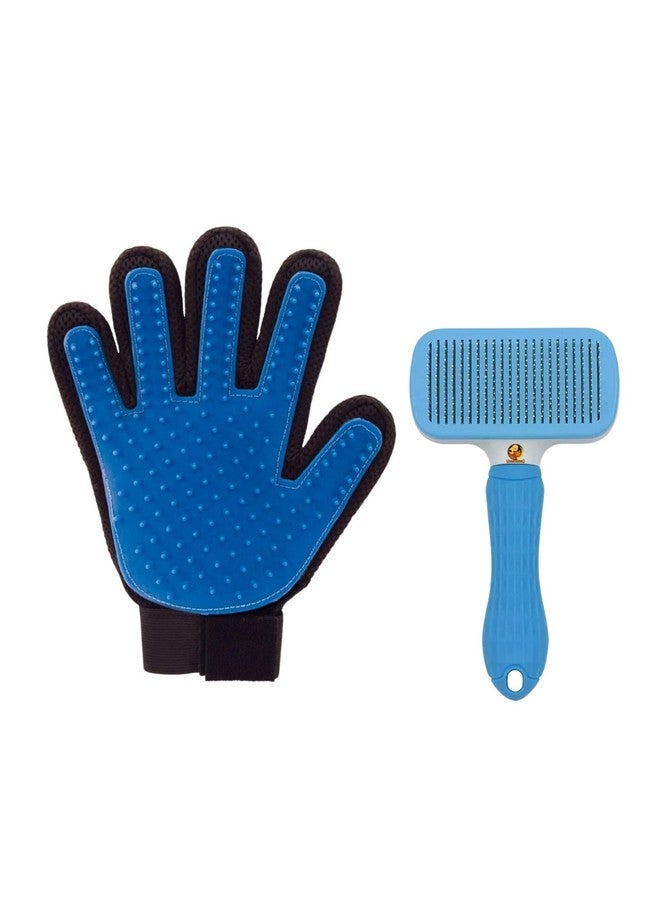 مجموعة العناية بالحيوانات الأليفة من ممسحة ذاتية التنظيف وقفاز تدليك لليدين للكلاب والقطط | قفاز تنظيف بزر ضغط وأسنان قابلة للسحب وشعيرات ناعمة (ممسحة مستطيلة + قفاز True Touch) - Image 1