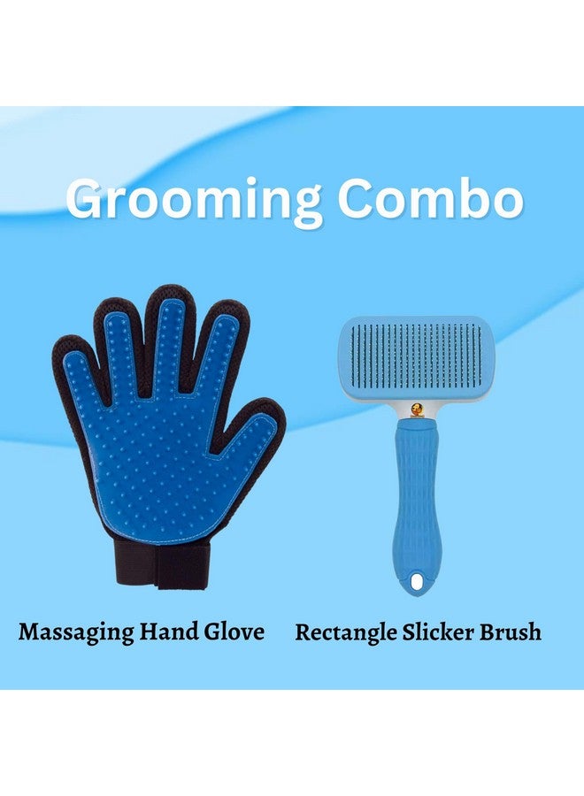 مجموعة العناية بالحيوانات الأليفة من ممسحة ذاتية التنظيف وقفاز تدليك لليدين للكلاب والقطط | قفاز تنظيف بزر ضغط وأسنان قابلة للسحب وشعيرات ناعمة (ممسحة مستطيلة + قفاز True Touch) - Image 3