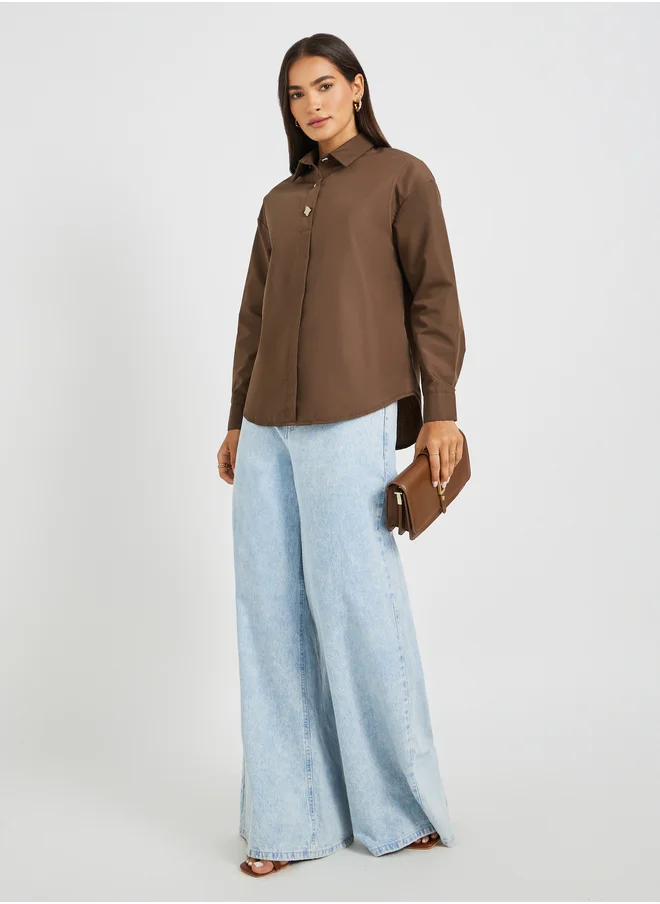 Styli Solid Oversized Buttoned Spread Collar Shirt