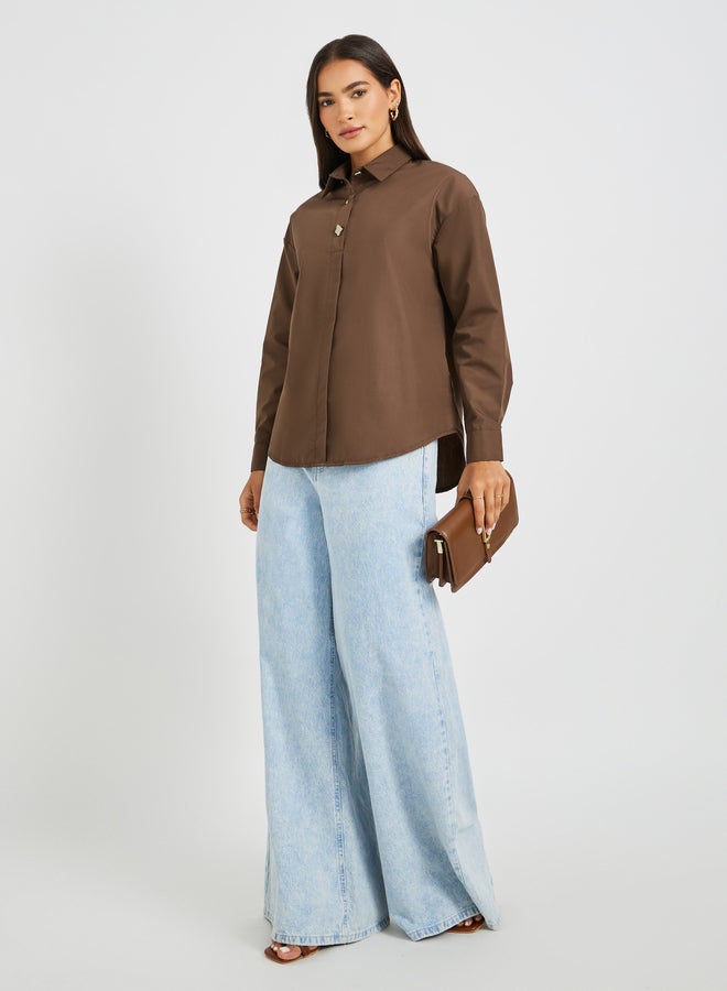 Styli Solid Oversized Buttoned Spread Collar Shirt  - Image 2