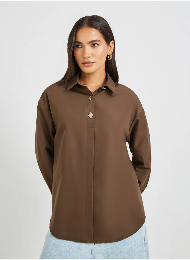 Styli Solid Oversized Buttoned Spread Collar Shirt