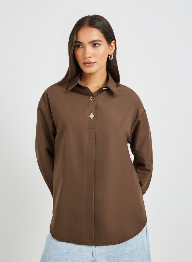 Styli Solid Oversized Buttoned Spread Collar Shirt  - Image 1