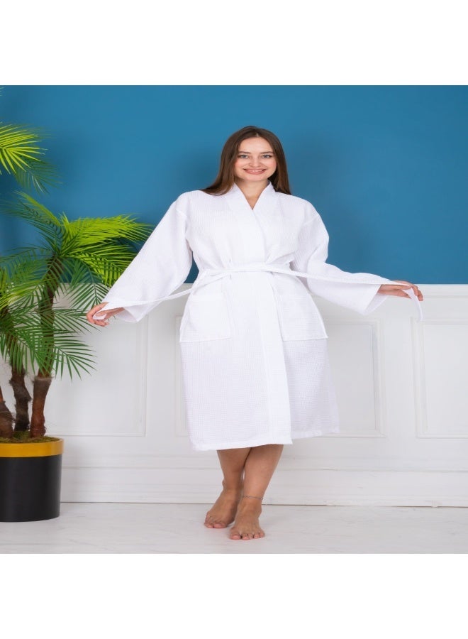 THE QUOKKA® Waffle Bathrobe for Women & Men, Lightweight Kimono Style Long Shower Robe with Self-Tying Belt & Pockets, Soft Knit Spa Sleepwear - Image 4
