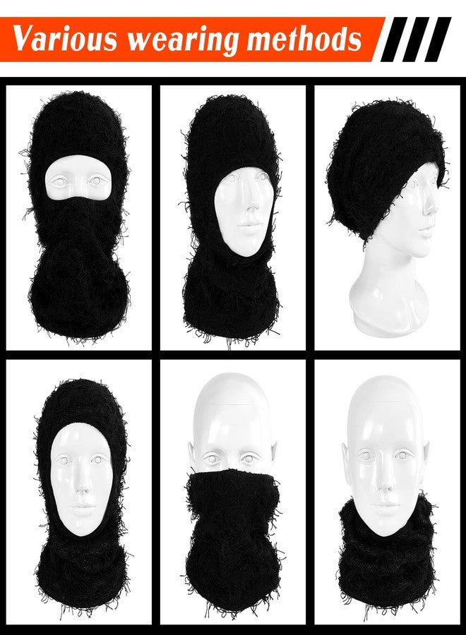 Bonuci 2 Pcs Distressed Balaclava Full Face Ski Mask Knitted Balaclava Cool Ski Mask One Size Fits Most for Cold Weather (Black) - Image 4