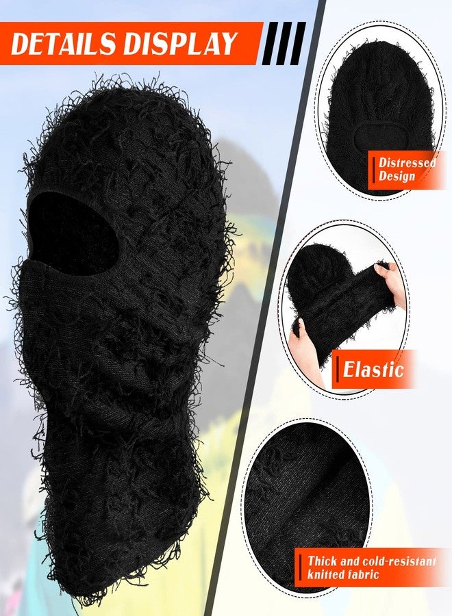 Bonuci 2 Pcs Distressed Balaclava Full Face Ski Mask Knitted Balaclava Cool Ski Mask One Size Fits Most for Cold Weather (Black) - Image 3