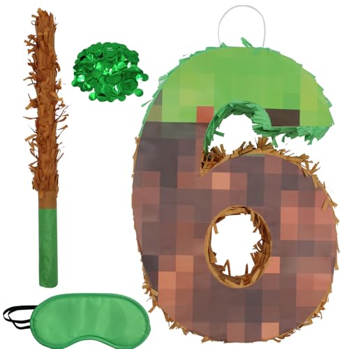 WUEURU Number 6 Pixel PinataBirthday Pinata withwith BlindfoldConfetti and Bat Stick for Groovy Hippie Theme Birthday Party Game Decorations Photo Props Wedding Christmas Party Supplies - Image 1