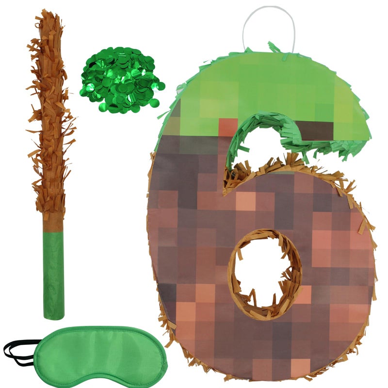 WUEURU Number 6 Pixel PinataBirthday Pinata withwith BlindfoldConfetti and Bat Stick for Groovy Hippie Theme Birthday Party Game Decorations Photo Props Wedding Christmas Party Supplies - Image 3