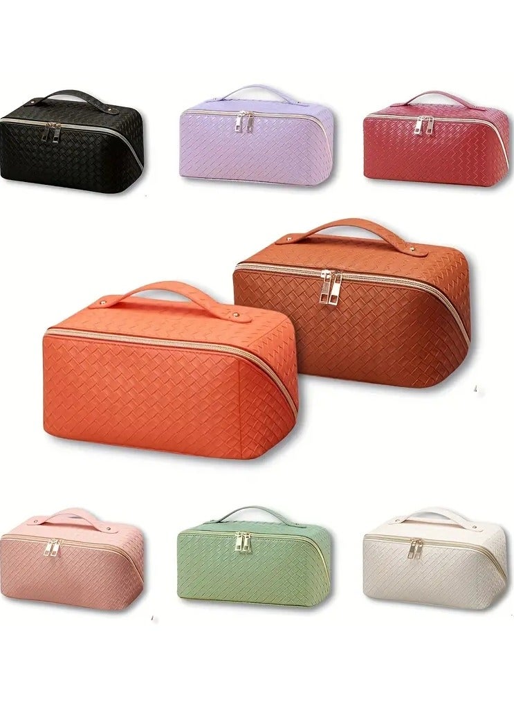 أوريتي حقيبة مستحضرات التجميل السفر ذات السعة الكبيرة-حقيبة مكياج، حقيبة مستحضرات التجميل مقاومة للماء بو الجلد، حقيبة مكياج السفر المحمولة للنساء مع مقبض وتقسيم مسطحة وضع حقيبة منظم المكياج - Image 2