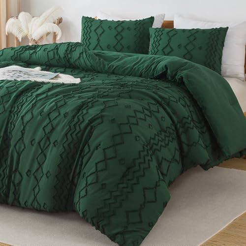 Andency King Size Comforter Set, 3 Pieces Dark Emerald Green Boho Tufted Geometric Shabby Chic Bedding, Soft Fluffy Farmhouse Bed Set, Jacquard Textured Comforter for All Season (104x90 Inch) - Image 1