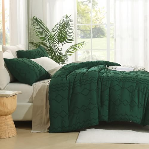Andency King Size Comforter Set, 3 Pieces Dark Emerald Green Boho Tufted Geometric Shabby Chic Bedding, Soft Fluffy Farmhouse Bed Set, Jacquard Textured Comforter for All Season (104x90 Inch) - Image 3