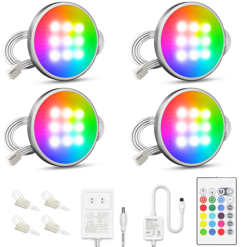 MYPLUS Under Cabinet Lighting Kit, RGB Puck Lights with Remote Control Color Changing and Bright LEDs,12V, 7.5W Plug-in Wired led Lighting kit for Cabinet, Counter, Closet, Shelf, Display Case - Image 1