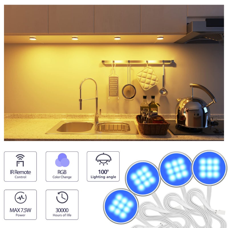 MYPLUS Under Cabinet Lighting Kit, RGB Puck Lights with Remote Control Color Changing and Bright LEDs,12V, 7.5W Plug-in Wired led Lighting kit for Cabinet, Counter, Closet, Shelf, Display Case - Image 2