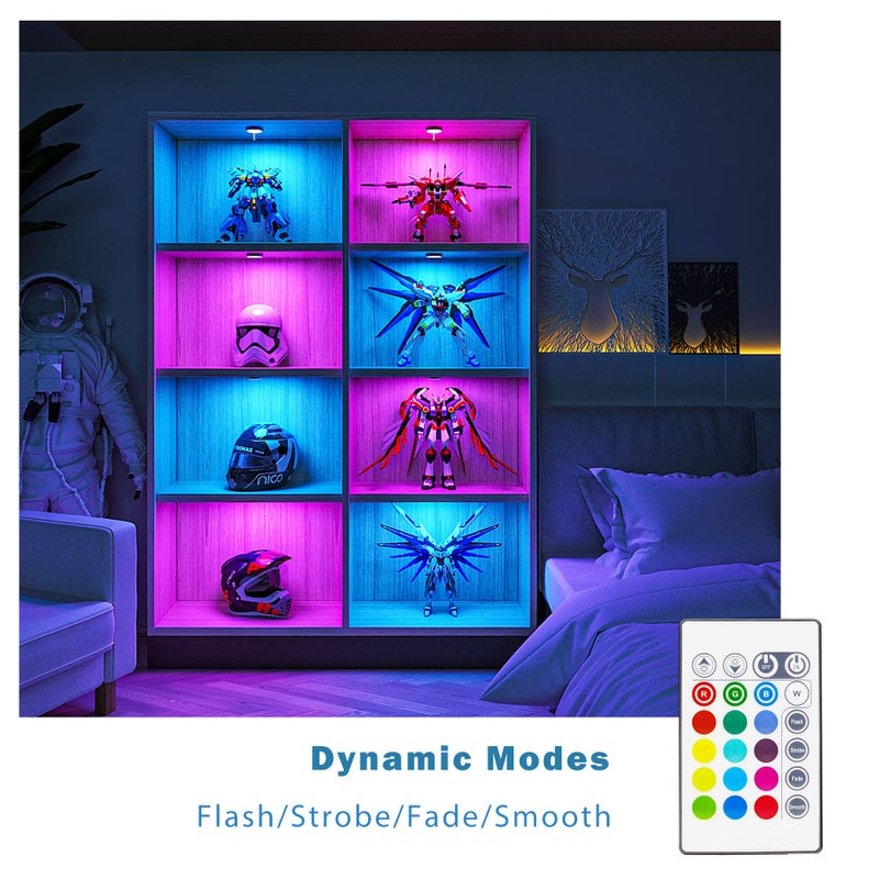 MYPLUS Under Cabinet Lighting Kit, RGB Puck Lights with Remote Control Color Changing and Bright LEDs,12V, 7.5W Plug-in Wired led Lighting kit for Cabinet, Counter, Closet, Shelf, Display Case - Image 3