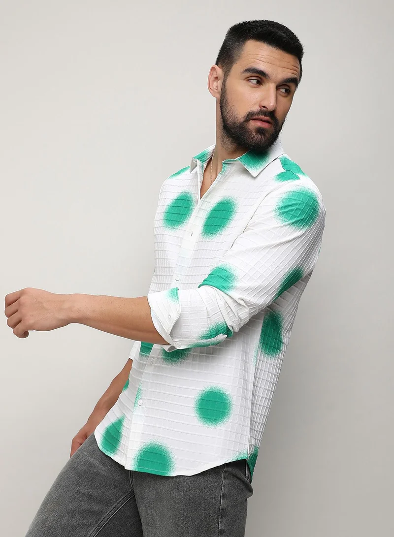 Campus Sutra  Men's Chalk White:Emerald Green Spraypaint Shirt for Men | Best Price UAE