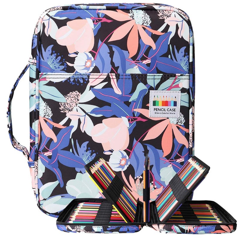 BOMKEE Coloring Pencil Case 220 Slots PencilsGel Pens Organizer Waterproof Travel Case Zipper Carrying Portable Pencil Markers Pen Holder Bag for Painter Writers Penglai Flower