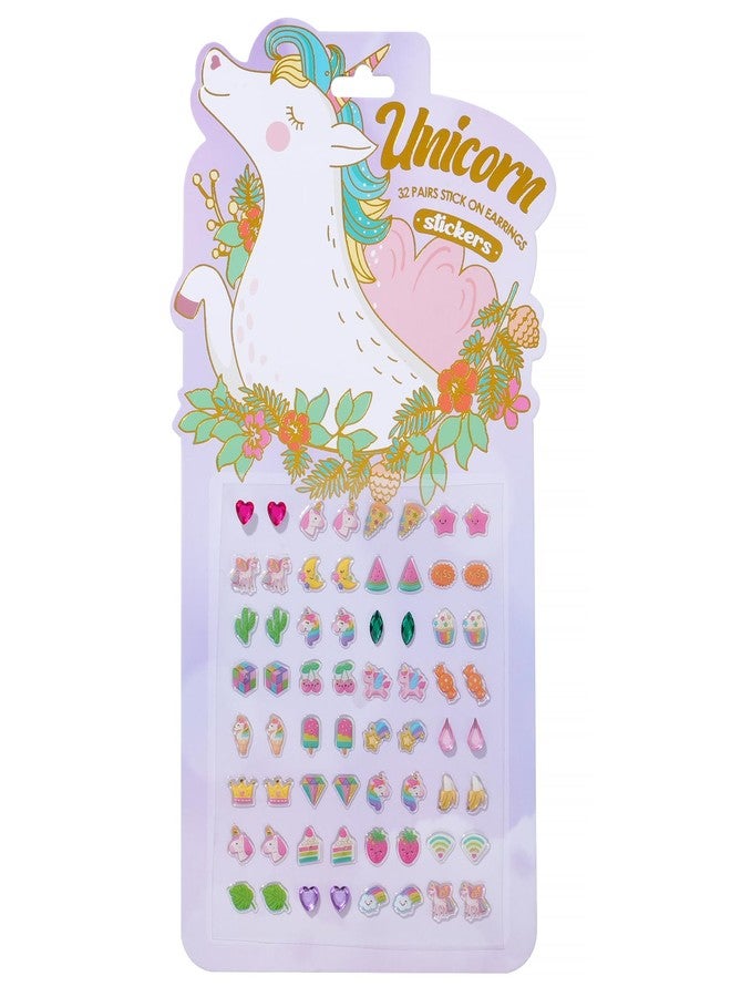koutey 32 Pairs Spring Girls Stick on Earring 3D Self Adhesive Unicorn, Rainbow, Flower, Animal, Easter Sticker Earrings For little girls 4-6, Kids Girl Toddlers Gem Stickers (32 Pairs Unicorn Style) - Image 1