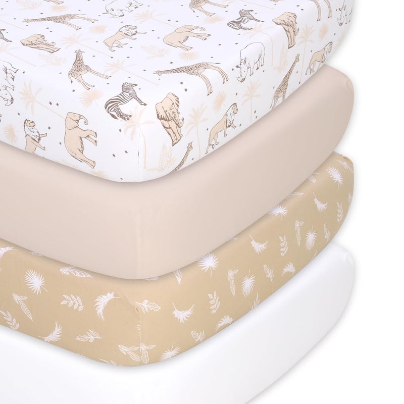 The Peanutshell 4Pack Organic Fitted Crib Sheet Set  Soft  Breathable Baby Girl or Boy Crib Sheets 100 Jersey Cotton Nursery Decor Fit for Standard Mattress Cover Caramel Safari