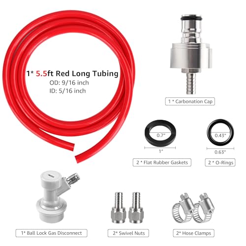 Hgkeke 5.5ft 5/16 Co2 Gas Line Tubing for Kegerator Assembly with stainless steel carbonator cap carbonation cap for soda bottle, Ball Gas Lock Draft beer Red Hose kit for Homebrew - Image 2