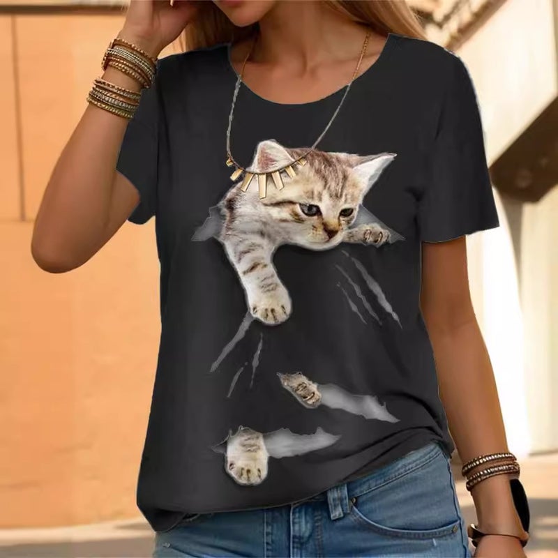 2024 New Womens Short Sleeve Cat Top White - Image 4
