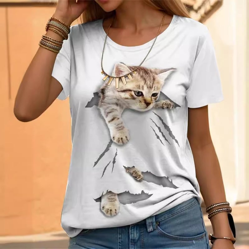 2024 New Womens Short Sleeve Cat Top White - Image 2