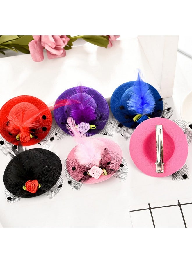 Patelai - 12 Pieces Mini Hat Clips Tea Party Hats For Girls Fascinator Mini Hat Hair Clips With Ribbon Flowers Faux Feather Mesh Bow Barrette Hairpin For Girls Toddler Costume Accessory - Image 1