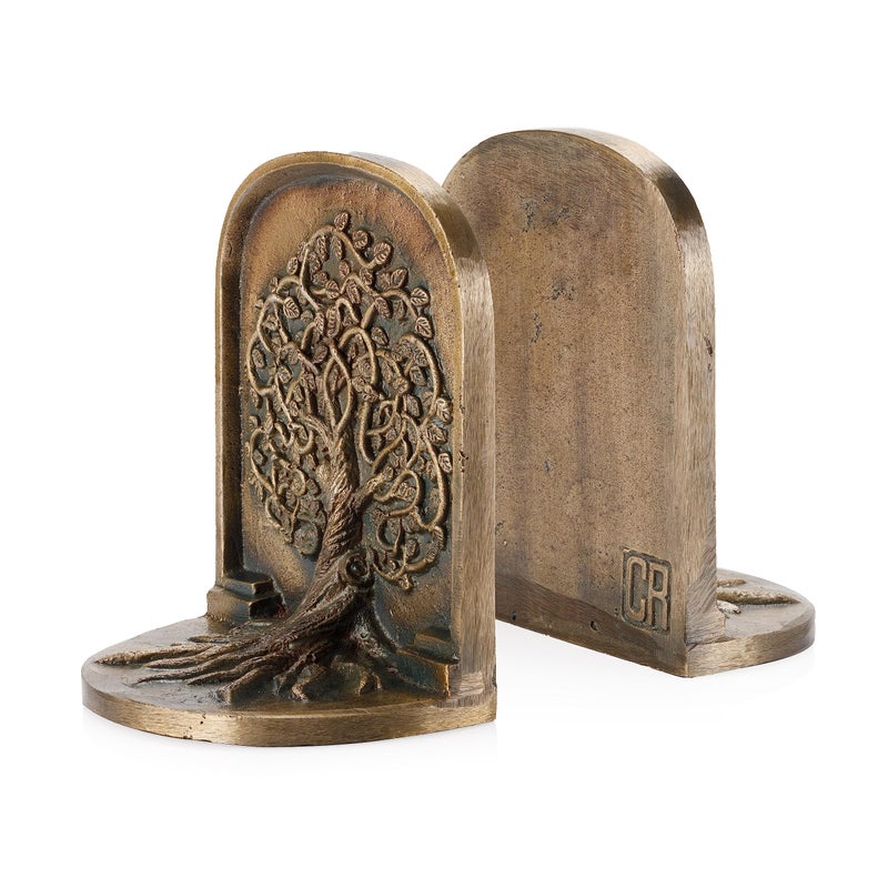 CRAFTSMAN ROAD Tree of Life Bookends, Antique Brass, 2 Decorative Bookends for Shelves or Bookcase, Cast Iron, Non-Skid Heavy Bookends, Home DÃ©cor Gift - Image 1