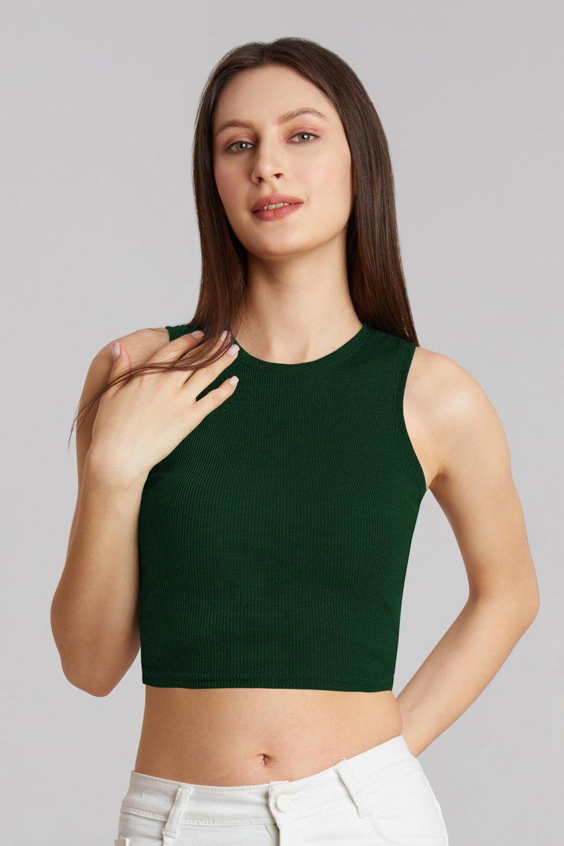 Berry&Bird BERRY BIRD® Stylish Sleeveless Round Neck Ribbed Tank Tops for Women & Girls Slim Fit Collarless Beach, Gym Wear and Western Trendy Fashion Green - Image 5