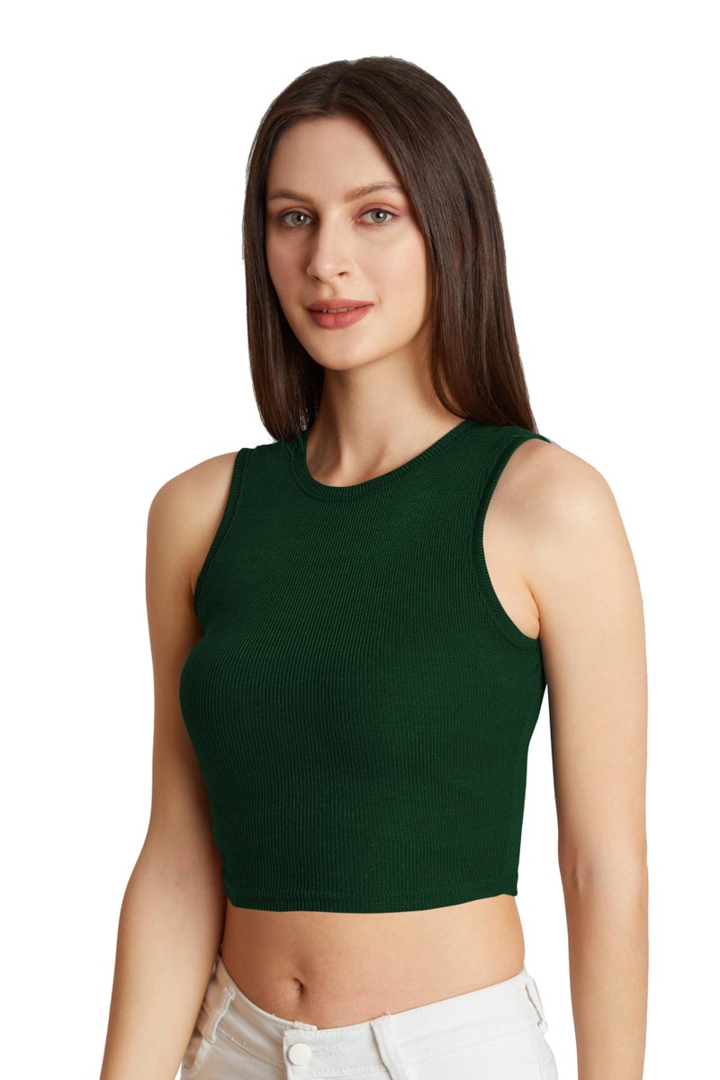 Berry&Bird BERRY BIRD® Stylish Sleeveless Round Neck Ribbed Tank Tops for Women & Girls Slim Fit Collarless Beach, Gym Wear and Western Trendy Fashion Green - Image 1
