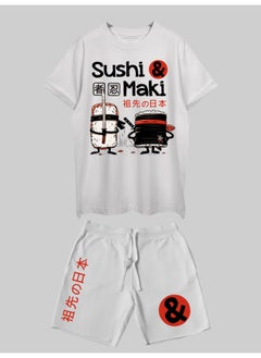 THREADCURRY طقم منسق مطبوع من THREADCURRY Sushi & Maki للرجال - تي شيرت كبير الحجم بأكمام نصفية وشورت  - Image 1