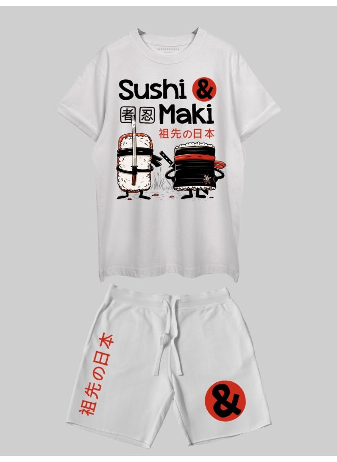 THREADCURRY طقم منسق مطبوع من THREADCURRY Sushi & Maki للرجال - تي شيرت كبير الحجم بأكمام نصفية وشورت  - Image 1