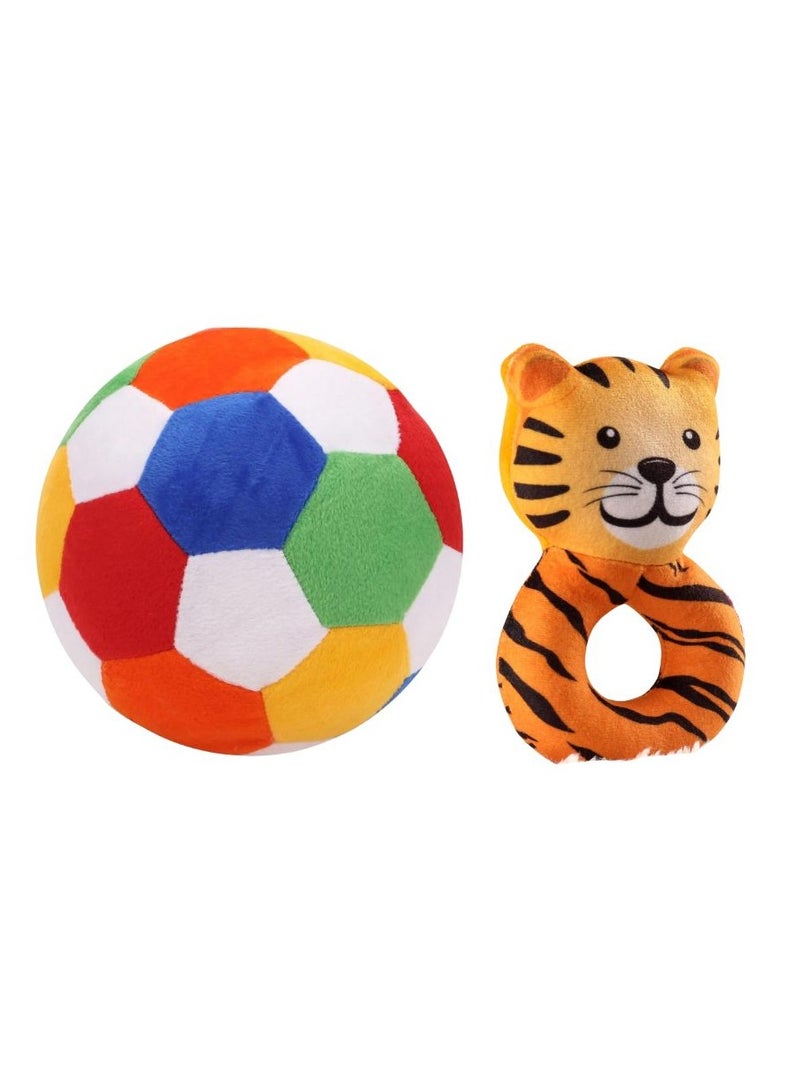 ALLKING Baby soft soccer / football / plush toy ball (5 Inches/13cm And Tiger Face Rattle Cum Toy Ring (Combo Pack) - Image 1