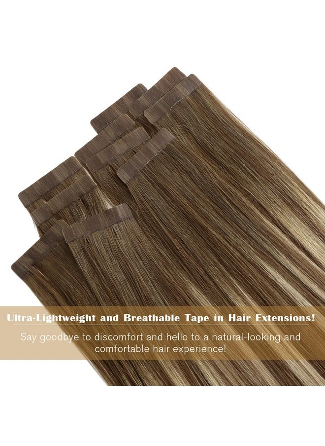 Ve Sunny Tape In Human Hair Extensions Brown Ombre Hair Extensions Tape Ins Balayage Medium Brown Ombre Platinum Blonde And Brown Tape In Extensions Human Hair Ombre 50G 20Pcs 16Inch  - Image 4