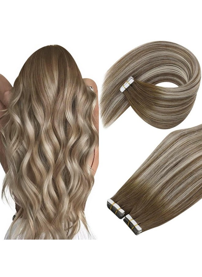 Ve Sunny Tape In Human Hair Extensions Brown Ombre Hair Extensions Tape Ins Balayage Medium Brown Ombre Platinum Blonde And Brown Tape In Extensions Human Hair Ombre 50G 20Pcs 16Inch  - Image 1