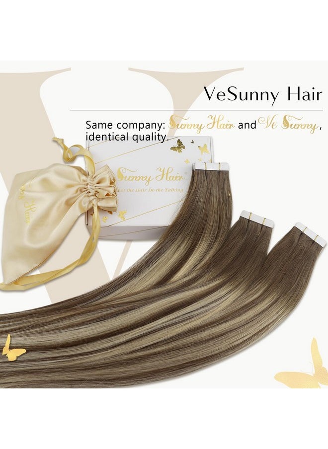 Ve Sunny Tape In Human Hair Extensions Brown Ombre Hair Extensions Tape Ins Balayage Medium Brown Ombre Platinum Blonde And Brown Tape In Extensions Human Hair Ombre 50G 20Pcs 16Inch  - Image 2
